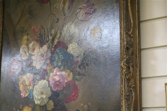 Alexander Wilson, oil on canvas, still life of flowers in a vase on a ledge, signed, 75 x 62cm